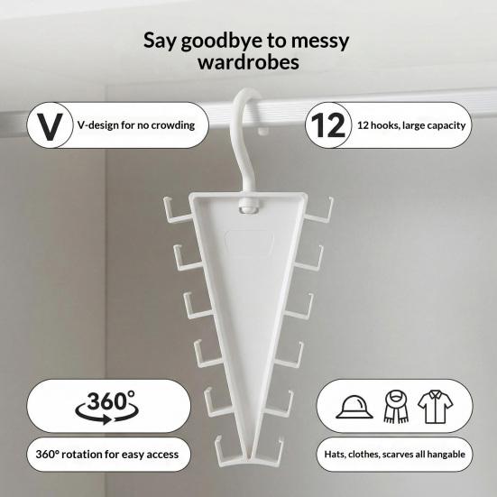 Coat Hanger 360° Rotatable V Shaped Structure Rack with 12-Hook Large Capacity Space-Saving Vertical Hook for Clothes Scarves Belts
