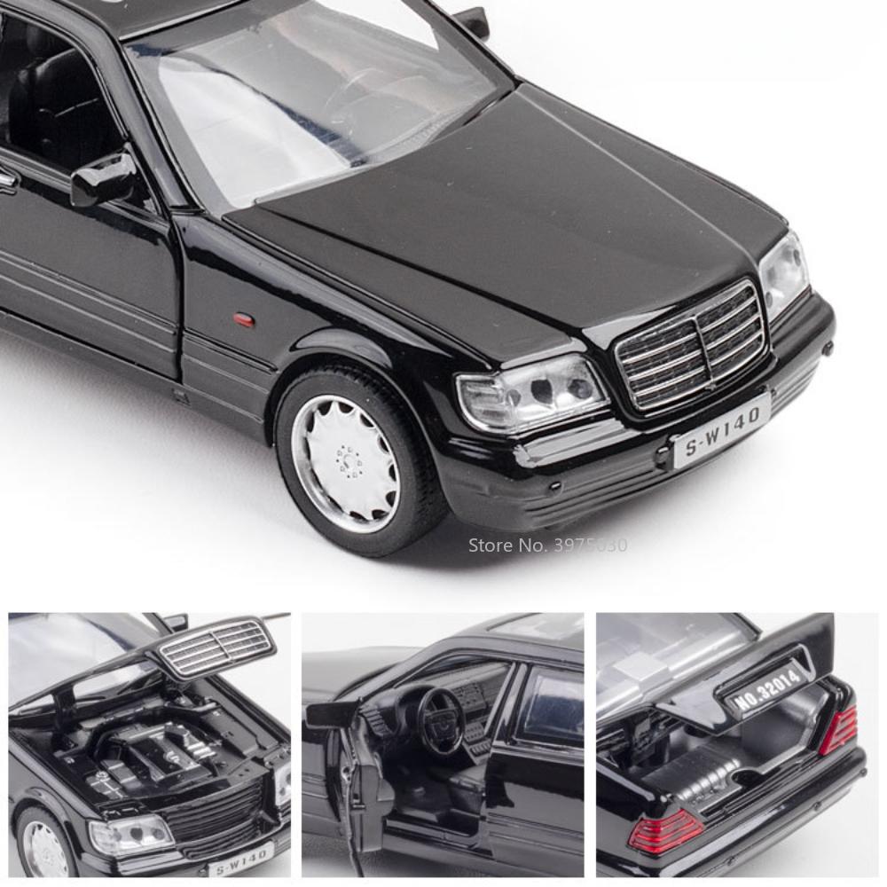 1/32 Classic Benz S-W140 Alloy Diecast Car Model Toys Metal Body Rubber Tires Vehicles with Sound Light Doors Openable for Gifts Boy