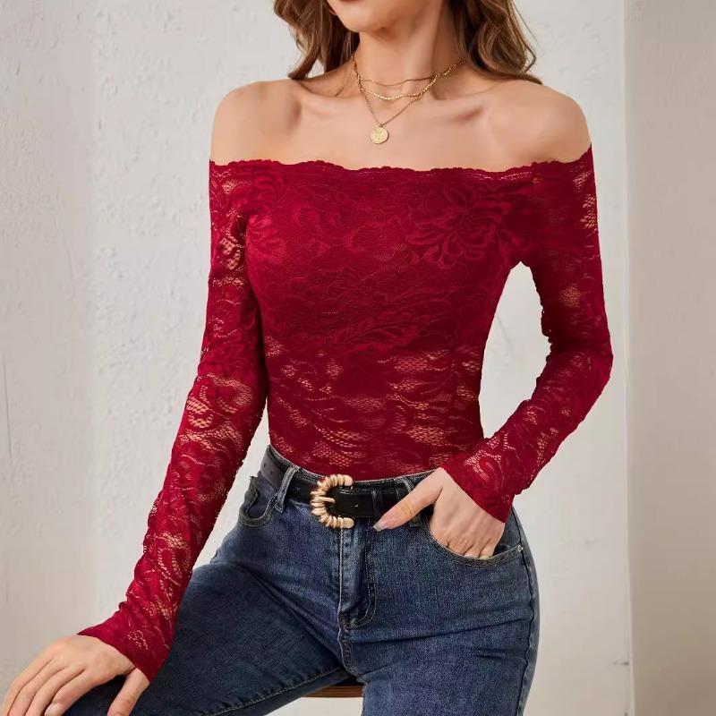Pure Desire Spice One Line Neck Lace Top Женская новая сексуальная облегающая футболка с V-образным вырезом и элегантным открытыми плечами с длинным рукавом