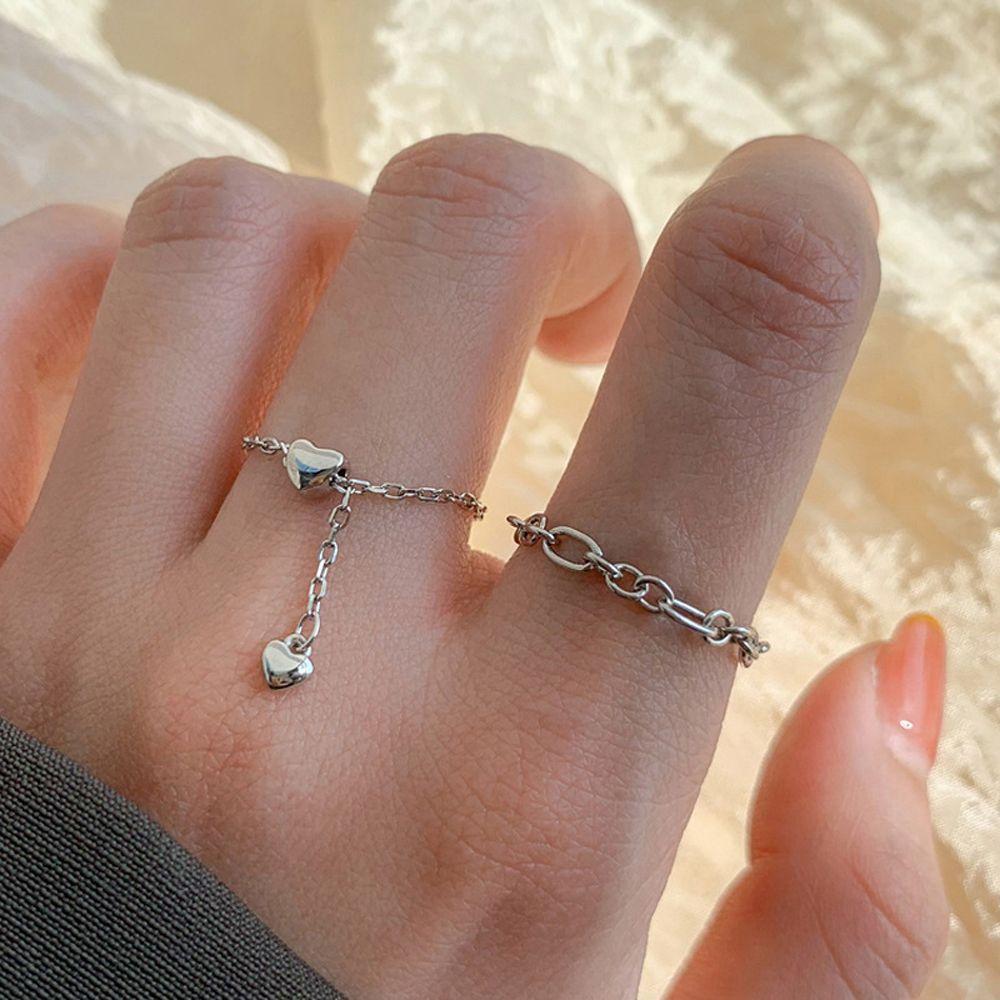Sweet Trendy Adjustable Chain Bead Punk Women Rings Korean Finger Rings Finger Jewelry Heart