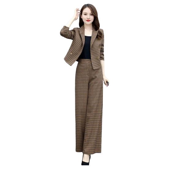 2 Pcs/Set Women Coat Pants Set Lapel Buttons Cardigan Plaid Print Long Sleeve Jacket Wide Leg High Waist Straight Trousers Lady Formal Commute Outfit