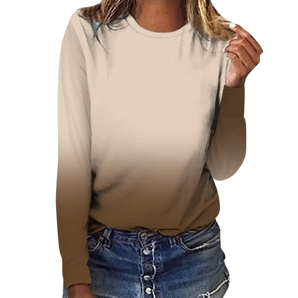 Женская мода повседневный топ с длинным рукавом с градиентным принтом и круглым вырезом