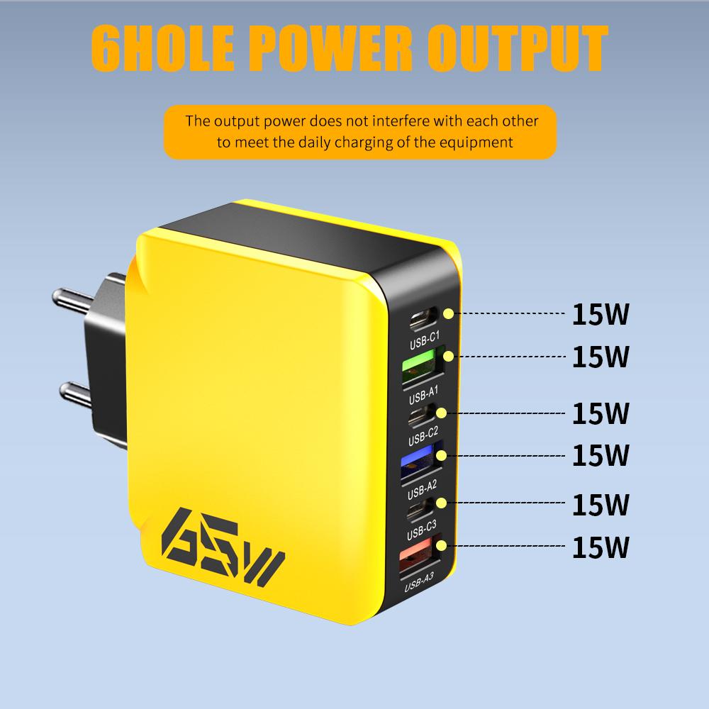 65W USB C Wall Charger Fast Charger 6 Ports Quick Charge 3.0 Adapter for IPhone 13 14 15 Xiaomi Samsung Oppo Mobile US/EU Plug