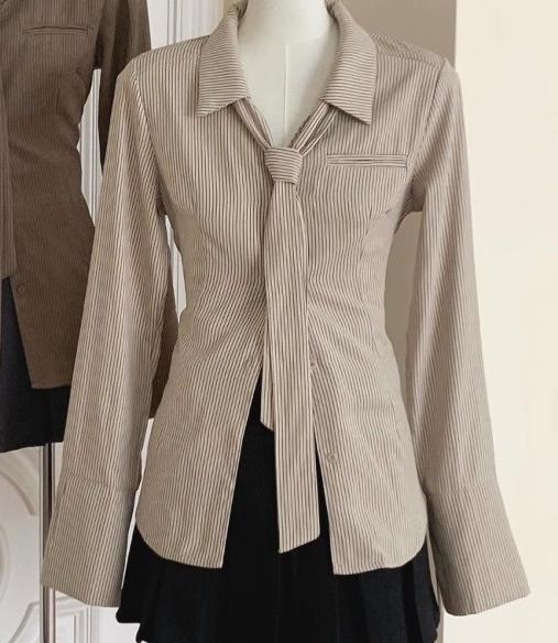 Striped Shirt Spring Autumn Lazy Style Women's Top Long Sleeved French Pink Solid Color Cardigan Slim Fit Blouse