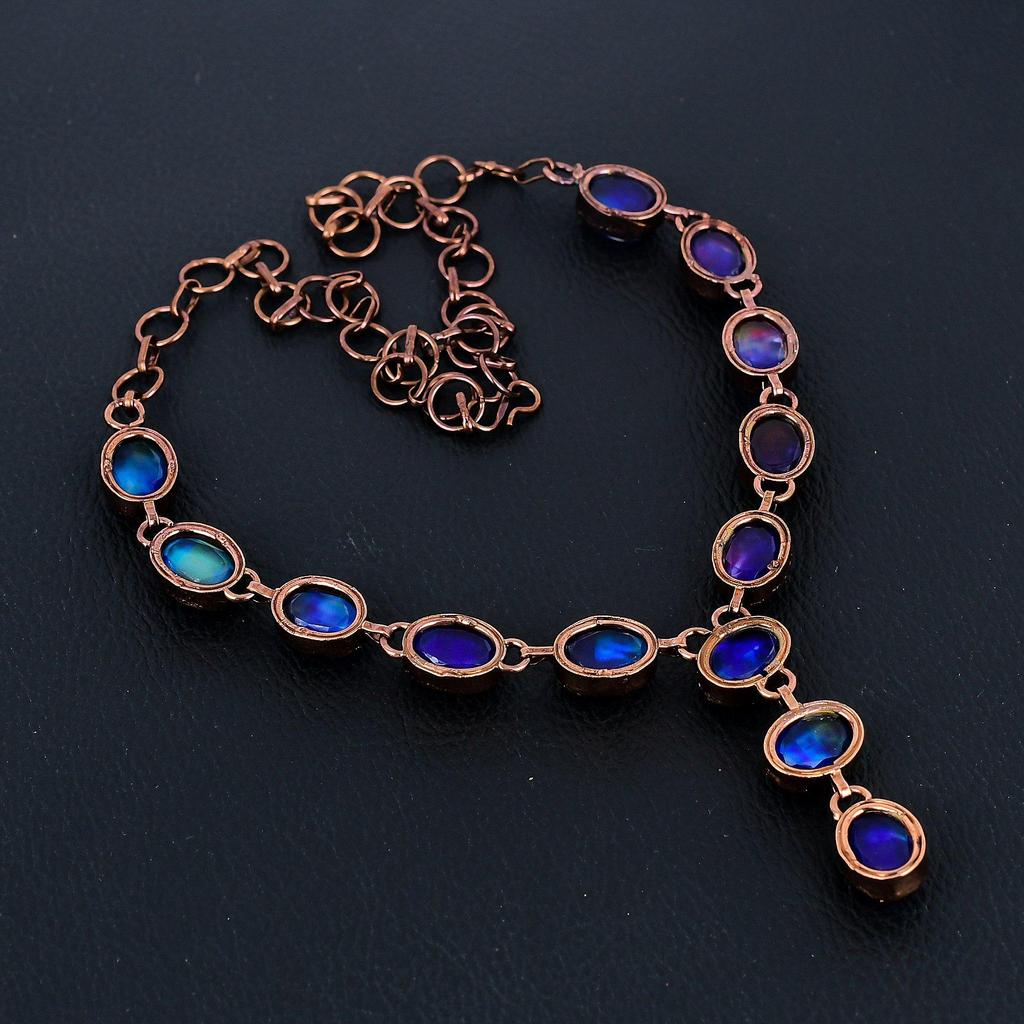 Ammolite Necklace Gemstone Jewelry, Copper Electroformed  Necklace, Adjustable Handmade Chain Necklace Gift For Wife Jewelry