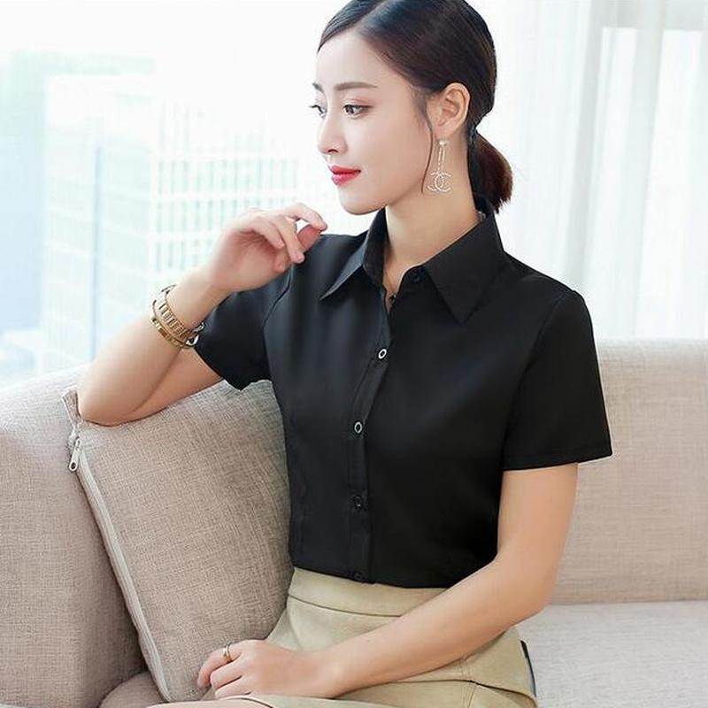 Рубашка женская, летние топы, рубашки на пуговицах, с коротким рукавом, с лацканами, тонкая офисная блузка, белый топ