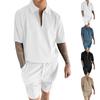Men's Summer Solid Striped Short Sleeve Zipper Lapel Shirt Shorts Set