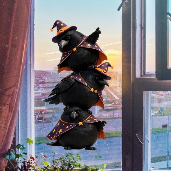 Static Glass Sticker, Traceless Reusable Window Decal, Halloween Bird Shapes Wizard Hat Crow Colorful Parrot Skull Spider Web Window