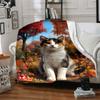 1Pc Autumnal Cat Forest Flannel Blanket, Soft And Comfortable, Casual Warm, Camping Travel, Christmas, Halloween Xmas Gift. G15