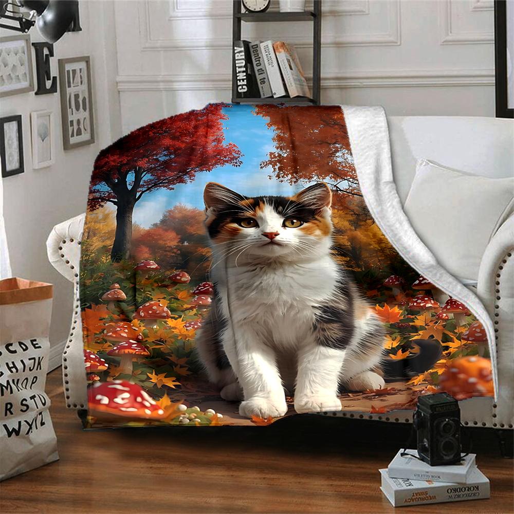 1Pc Autumnal Cat Forest Flannel Blanket, Soft And Comfortable, Casual Warm, Camping Travel, Christmas, Halloween Xmas Gift. G15