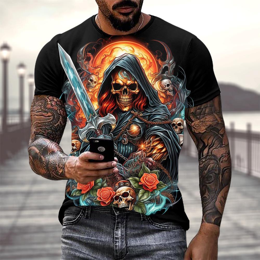 Men's Horror Skull Print T-Shirt 3D Print Vintage O-Neck Short Sleeve Fashion Oversized T-Shirts Men's Summer Street Clothing