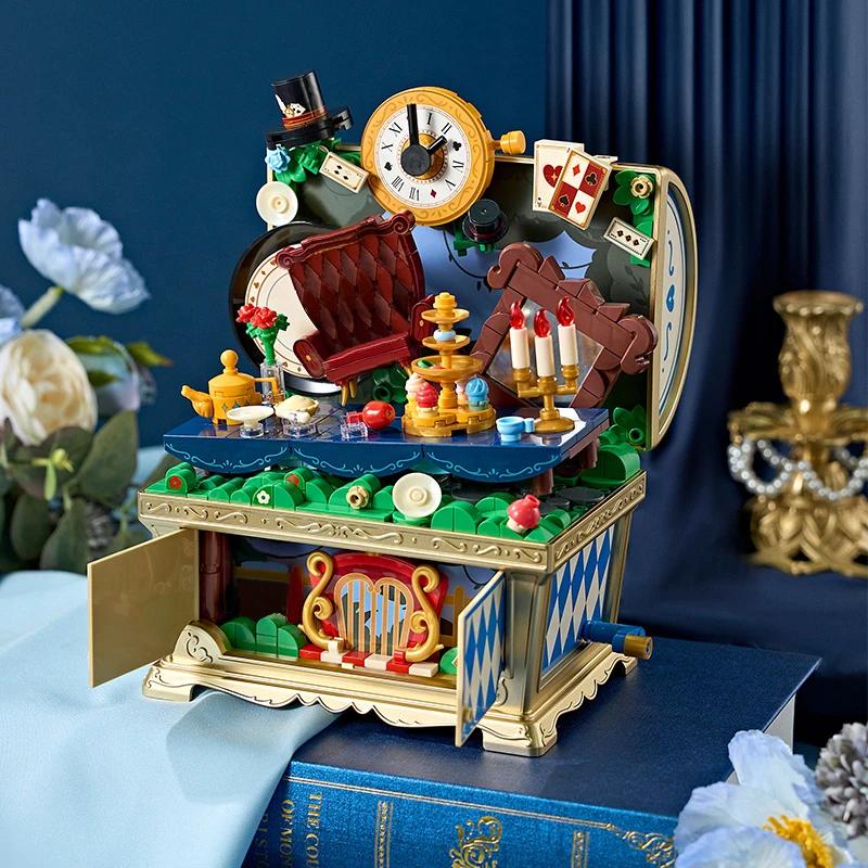Non-Toxic Fairytale Music Box Treasure Chest Fairy Tale Scene Model Bricks Set With Mini Figure Doll Desktop Deco Kids Diy Toys Children Gifts