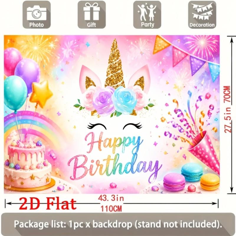 Whimsical Pastel Unicorn with Floral Crown, Rainbow, Balloons and Happy Birthday Script, Vibrant Celebration Backdrop for Birthday Party