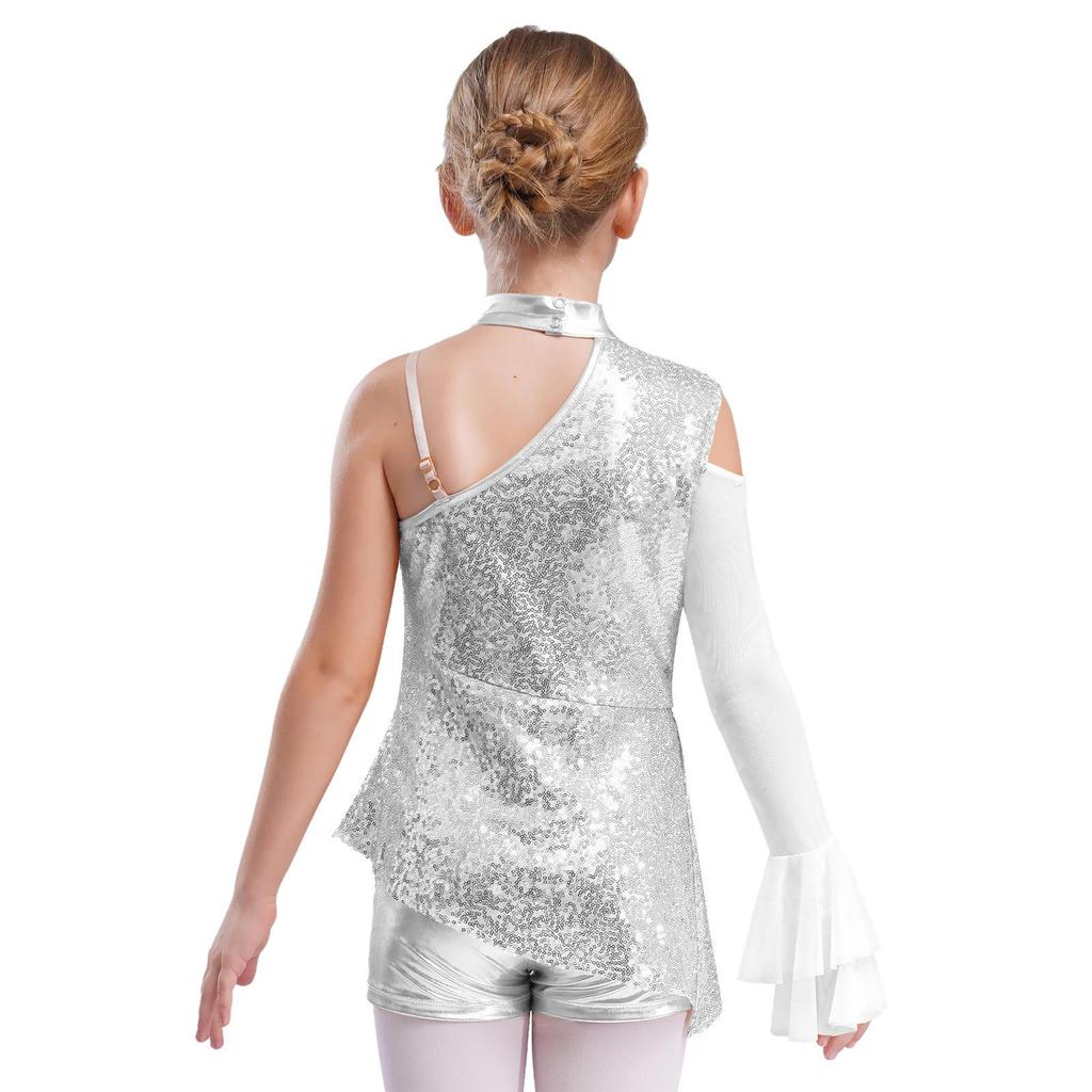 Девочки Пеплум Купальник Танцевальный Костюм Асимметричный Дизайн с Открытым Плечом с Прозрачными Сетчатыми Рукавами-Воланами Боди