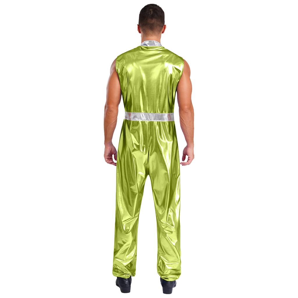Mens Shiny Metallic Sleeveless Full Length Zipper Jumpsuit Bodysuit