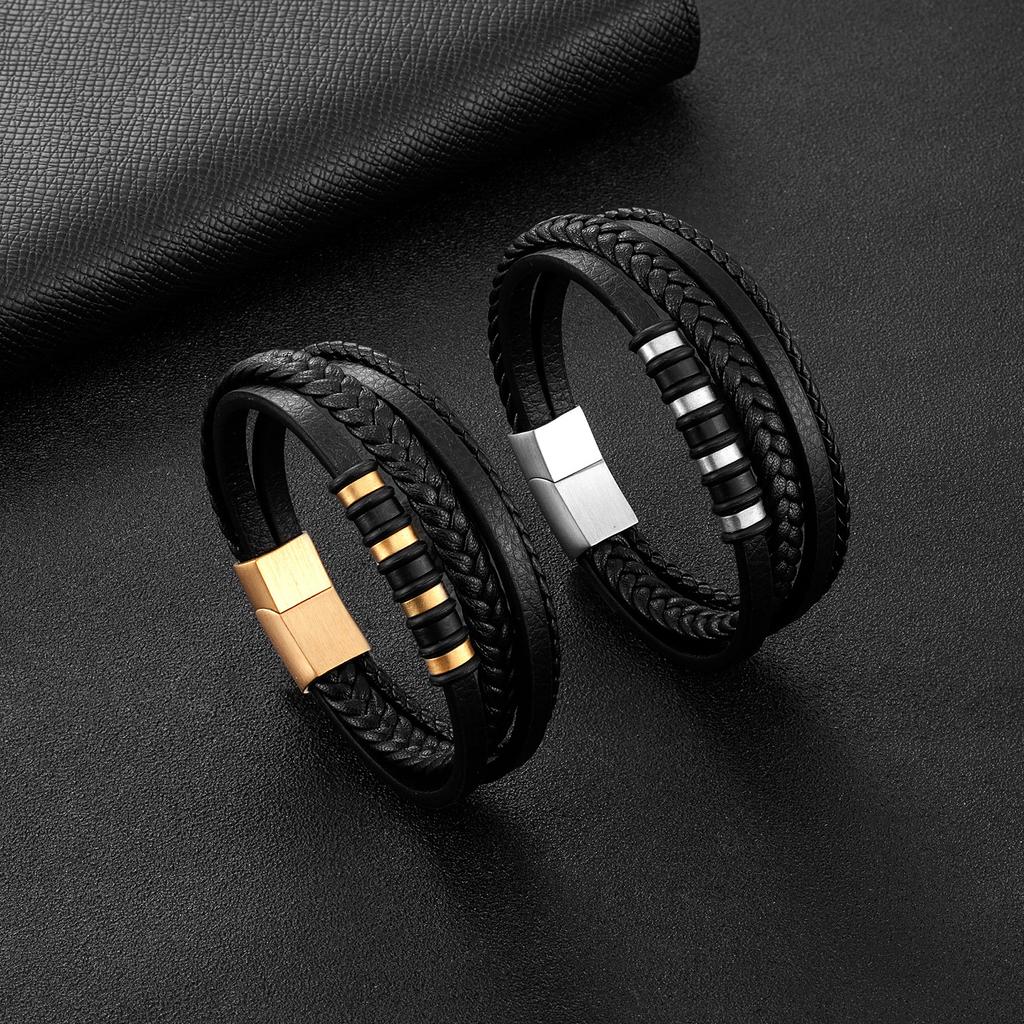 Плетеный кожаный браслет популярный мужской - регулируемый черный панк-стиль многослойный браслет для повседневной носки на вечеринку