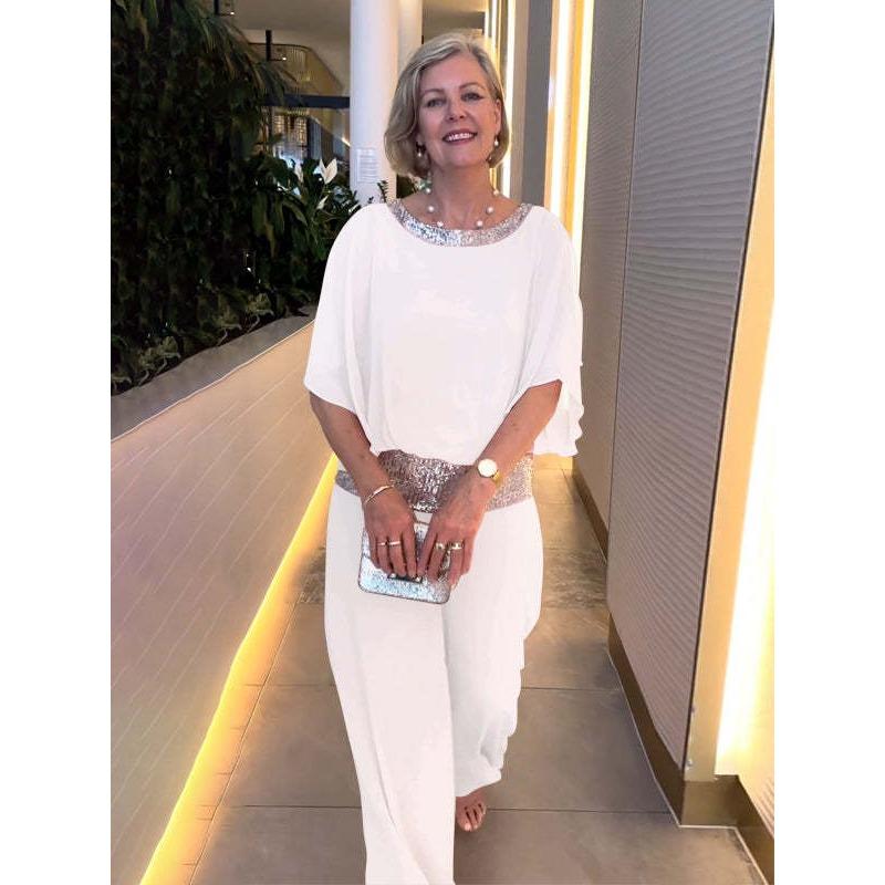 YYFS Women's Fashion Casual Spring Autumn Solid Color Print 1/2 Sleeves O Neck Trousers Pants Suits