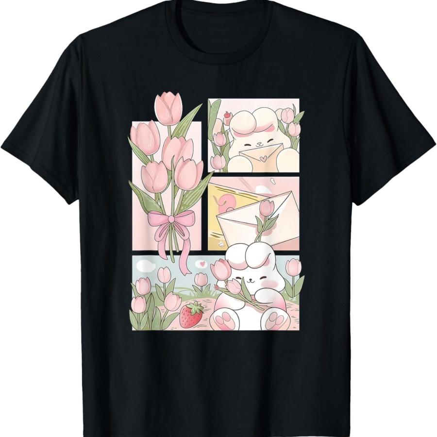 Cute Kawaii Bunny Spring Tulip Flower Anime Rabbit Teen Girl T-Shirt