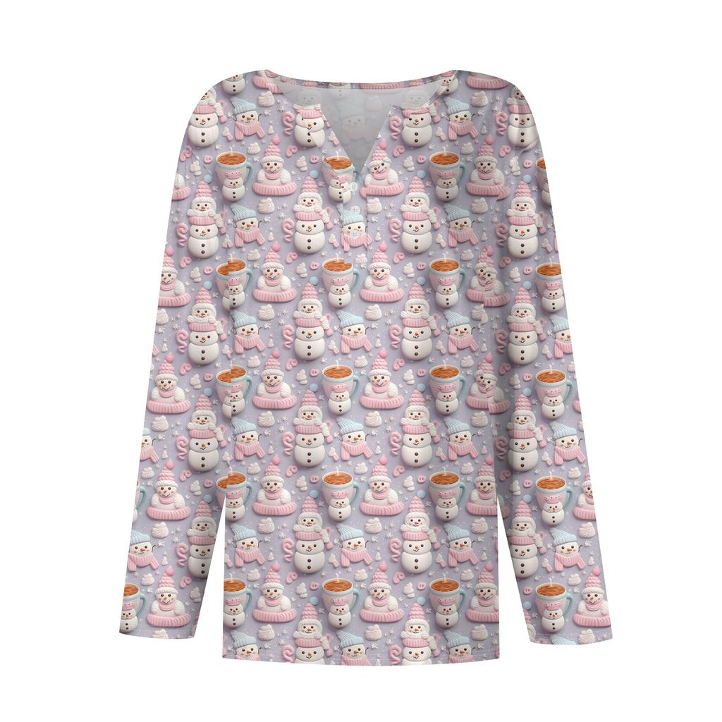 Женская модная повседневная футболка с V-образным вырезом, на пуговицах, с длинным рукавом, с рождественским принтом