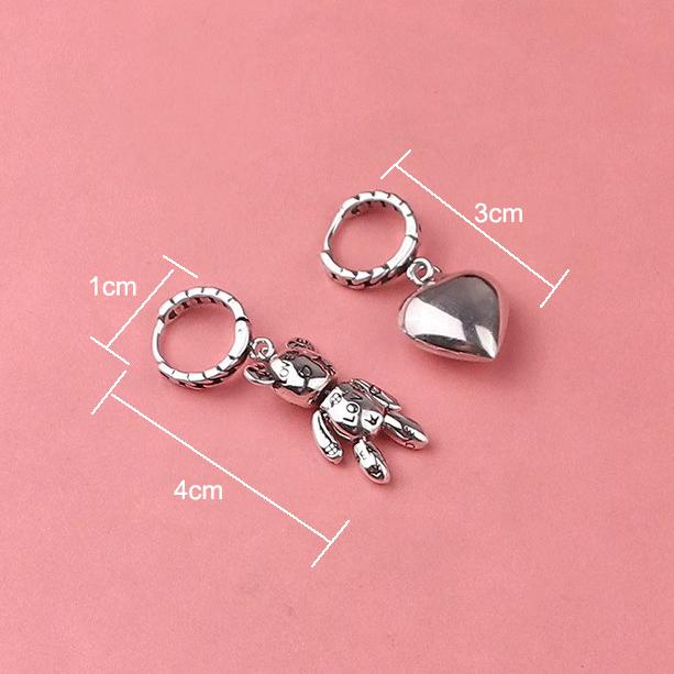 Серьги-кольца для предотвращения аллергии, винтажные аксессуары, маленький медвежонок, сердце, асимметричная вечеринка