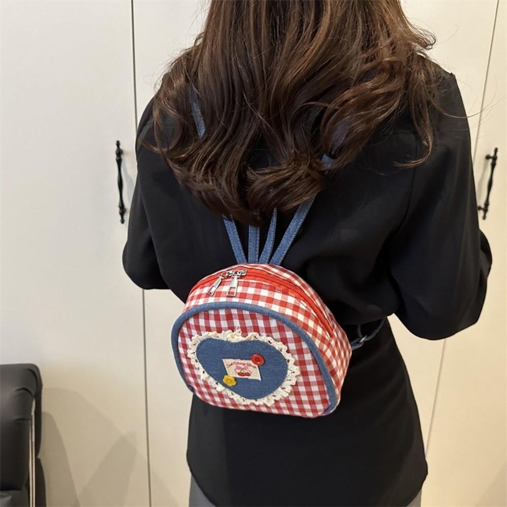 Cloth Denim Shoulders Bag Mini Knapsack Lovely Lattice Backpack  Outdoor