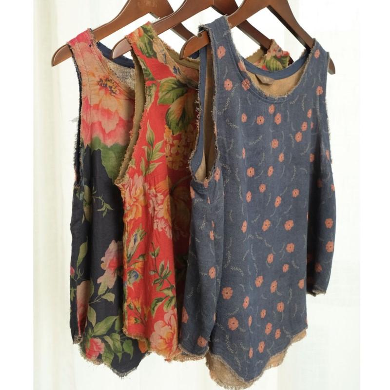 Johnature Женская винтажная майка с нерегулярным принтом и цветочным принтом, с круглым вырезом, без рукавов, двойная хлопковая мягкая одежда, летняя женская майка на бретелях