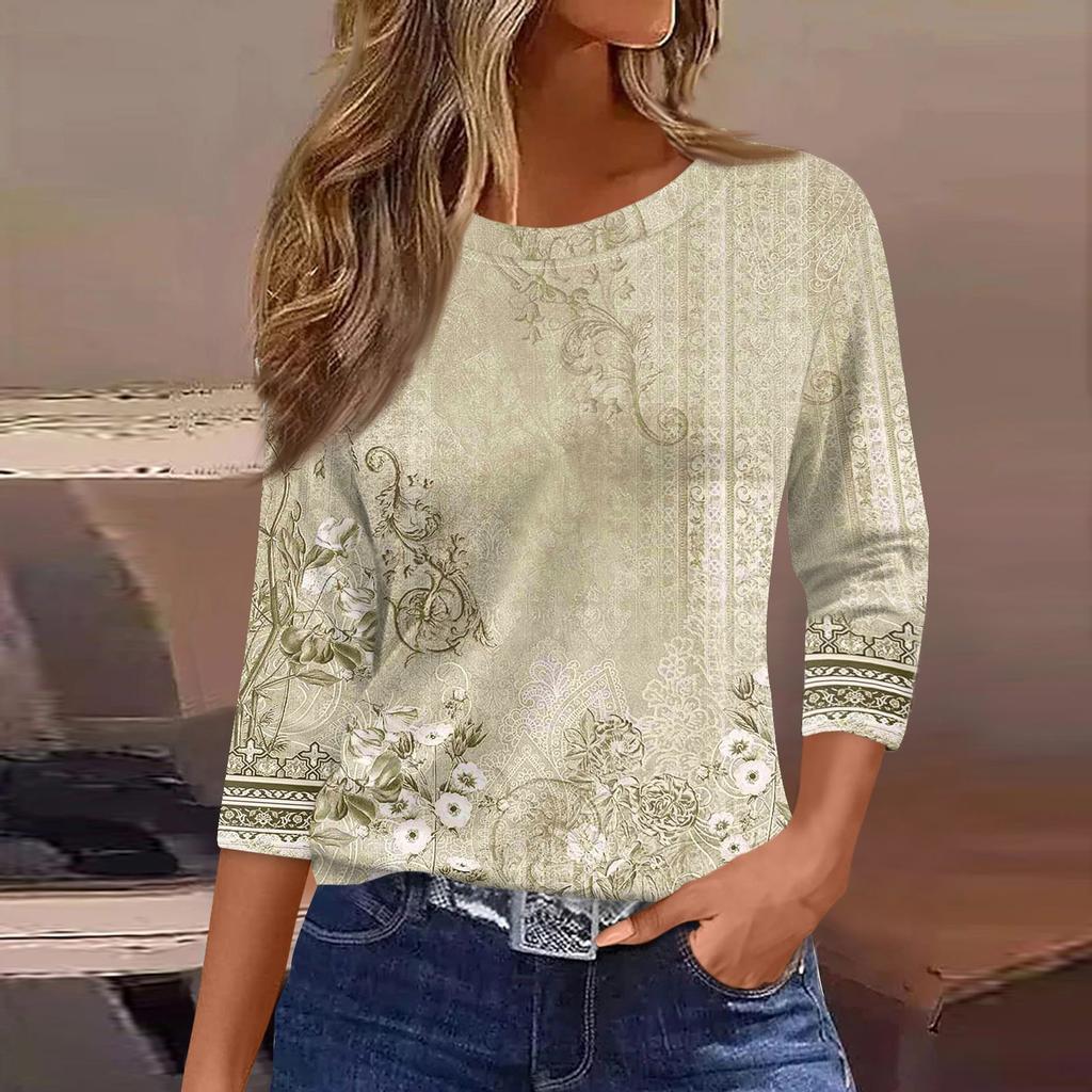 3/4 Length Sleeve Womens Tops Floral Print Vintage Fashion Casual Loose With Round Neck Plus Size Shirts