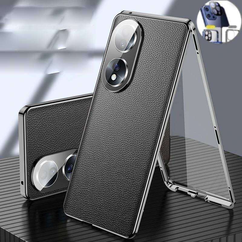 Чехол для Huawei P80 P30 P40 P70 Nova 14 13 Ultra Honor 200 100 90 80 70 Magic 8 Pro, Алюминиевый бампер с закаленным стеклом и кожаной задней панелью, Бамперы для телефона