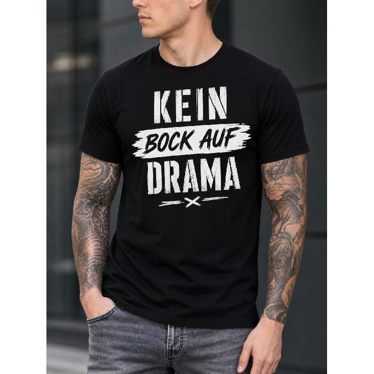 Мужская черная футболка с коротким рукавом с немецкой фразой "Kein Bock Auf Drama", круглый вырез, мягкая смесовая ткань хлопка, повседневный стиль streetwear для каждого дня