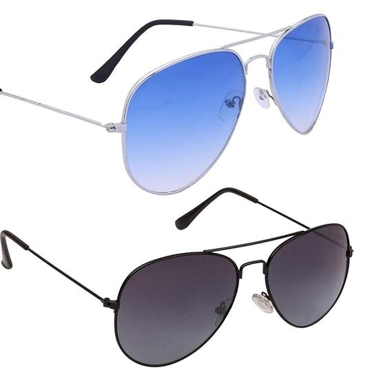 Dervin Unisex Adult Aviator Sunglasses Multicolor Frame, Black, Blue Lens (Free Size) - Pack of 2