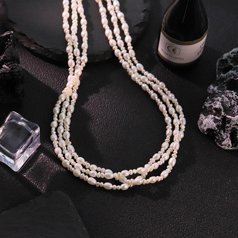 GLSEEVO Triple Strand Natural Freshwater Pearl Necklace for Women Wedding Bridal White Pearl Toggle Clasp Choker Dainty Jewelry