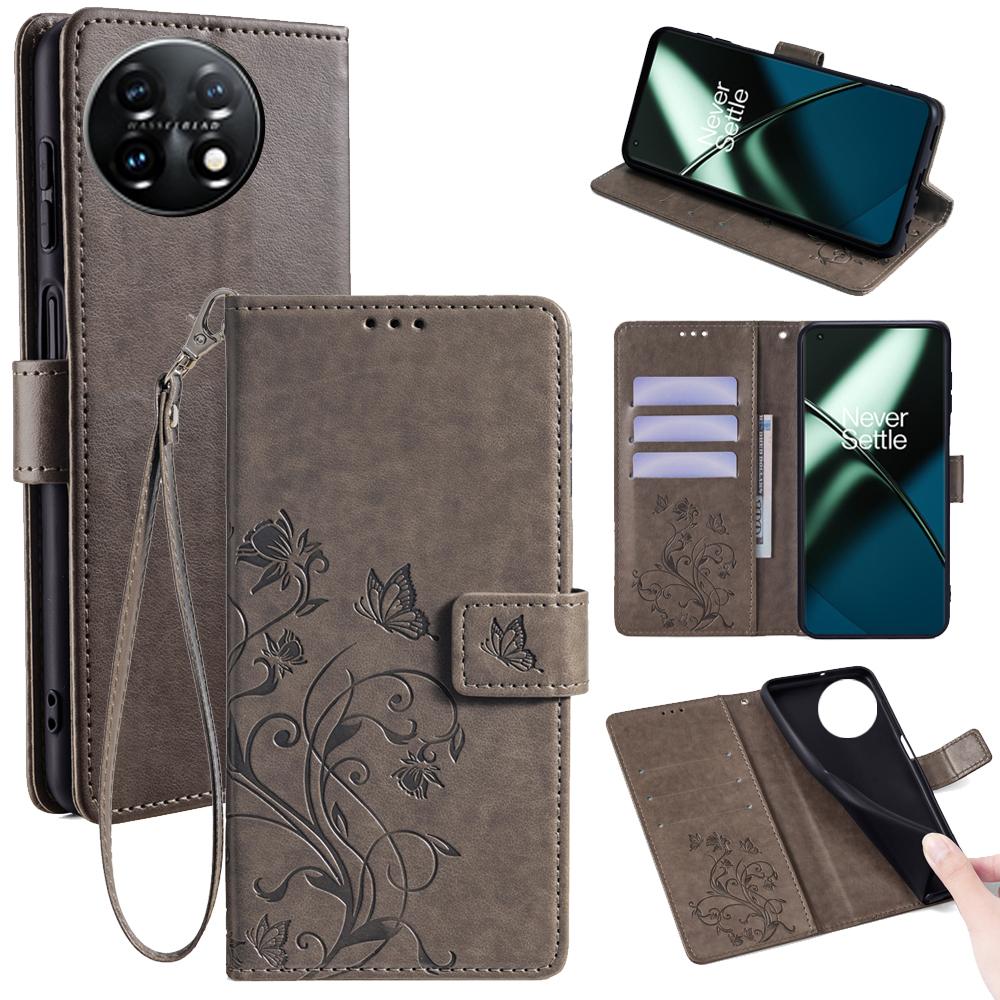 For OnePlus 11 5G Case Butterfly Flower Imprinted PU Leather Flip Phone Cover with 3 Card Slot