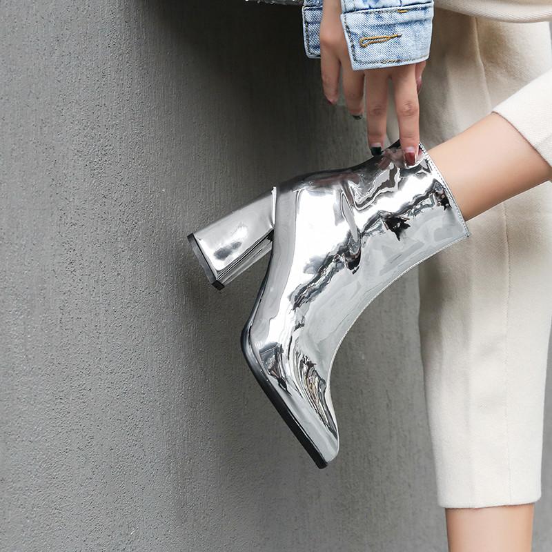 Patent Leather Gold Boots Silver Shoes Ladies Zipper Thick High Heels Short Boot Autumn Winter Size 43