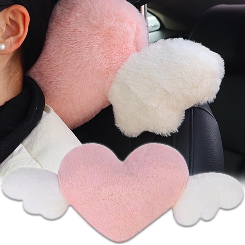 Подголовник для автомобиля из хлопка, плюшевая подушка для шеи с крыльями, уменьшающая усталость во время вождения, декоративные аксессуары в форме сердца для салона автомобиля