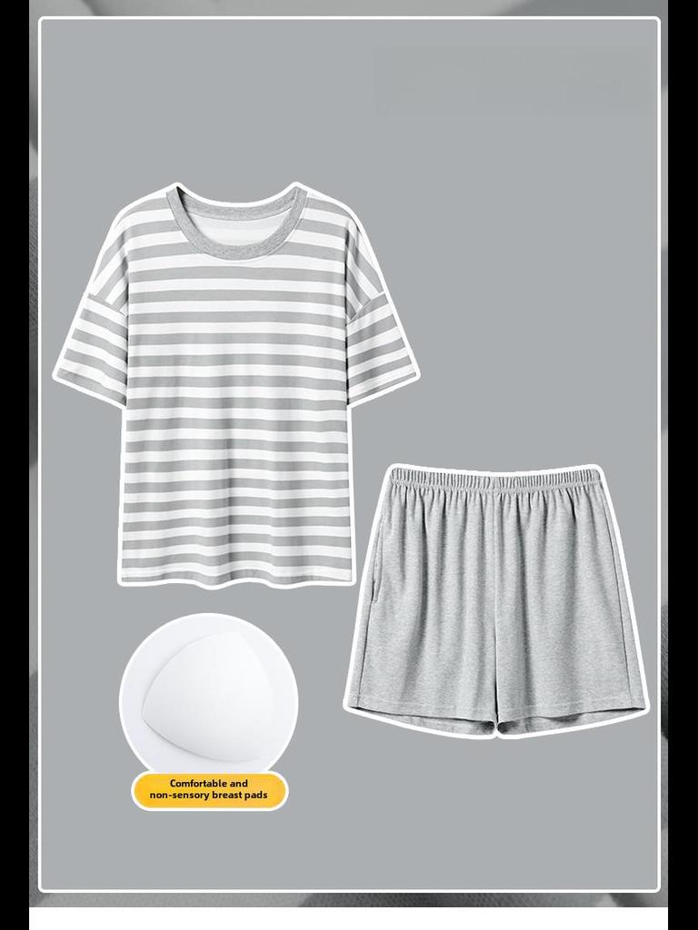 Женская летняя пижама 2023 года с короткими рукавами и нагрудными подушечками — легкий хлопковый комплект домашней одежды с антивыпуклыми точками для комфортного сна.