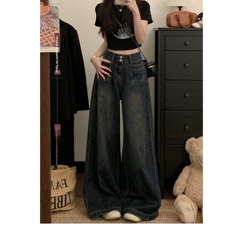 Cement gray American wide-leg jeans women's clothing 2026 autumn and winter loose high waist loose and thin large size floor pants