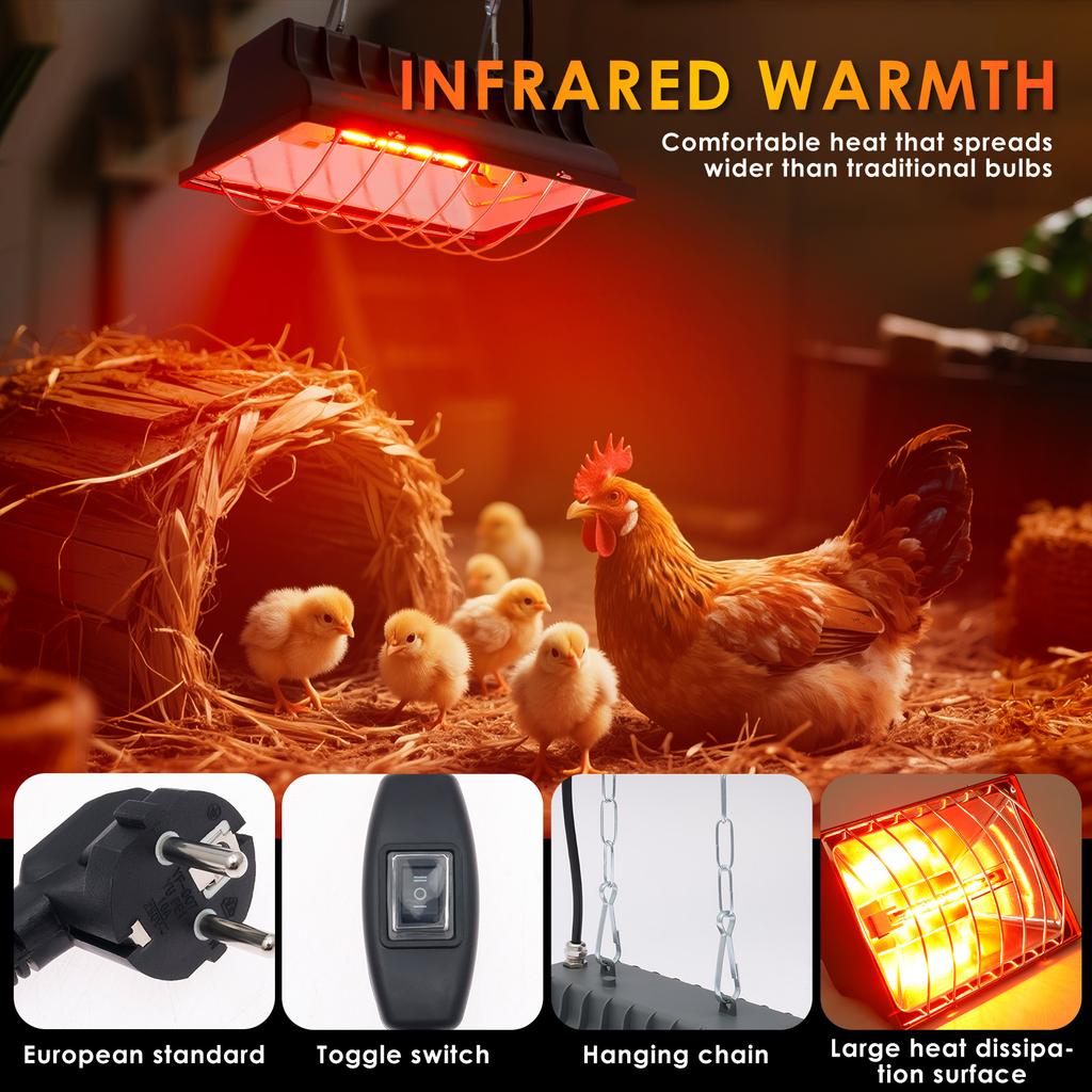 250W Heater Lamp for Chicken Coop Adjustment Hanging Brooder Heater with Infrared Heat Lamp Tube for Lamb Pig Chick Duck Poultry