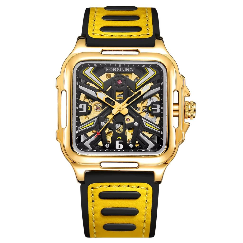 Luxury Square Transparent Skeleton Mens Watches Field Sports Rubber Band Mechanical Watch Luminous Waterproof Reloj Hombre 2024