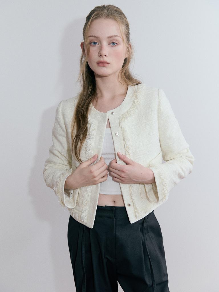 ETMON Fringe Trimmed Tweed Jacket, Ivory