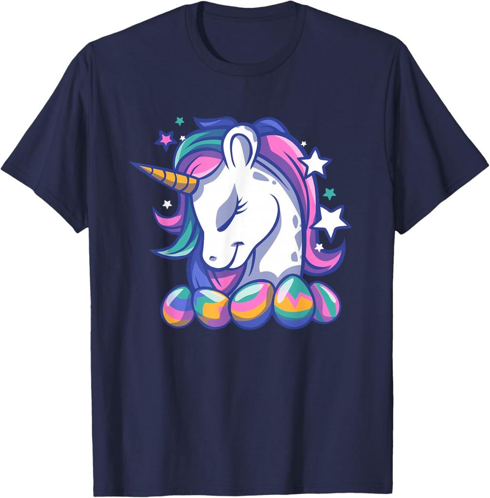 Пасхальный Единорог Радужные Яйца Графическая Футболка Повседневная Хлопковая Футболка с Коротким Рукавом для Праздничного Веселья