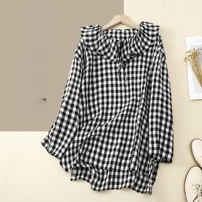 Весенне-осенний топ для женщин, свободная литературная блузка с воротником лотоса на шнуровке и длинными рукавами, рубашка в клетку в клетку