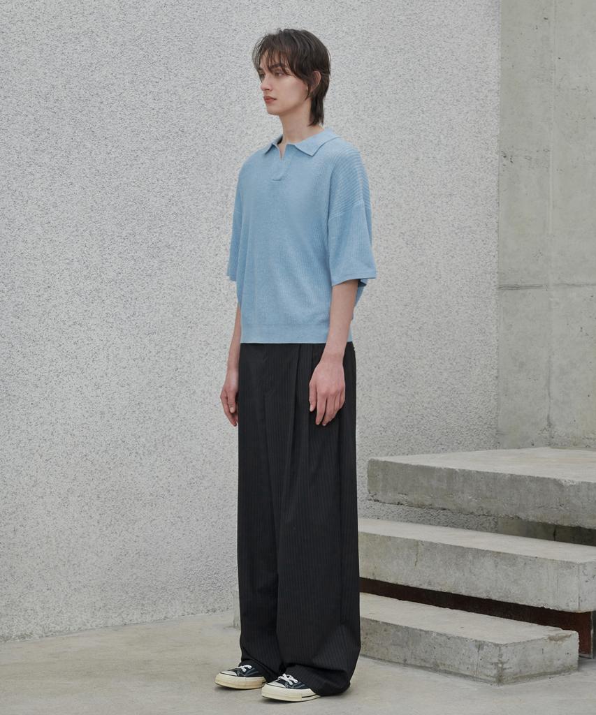GLW Open Collar Waffle Half Knit Blue