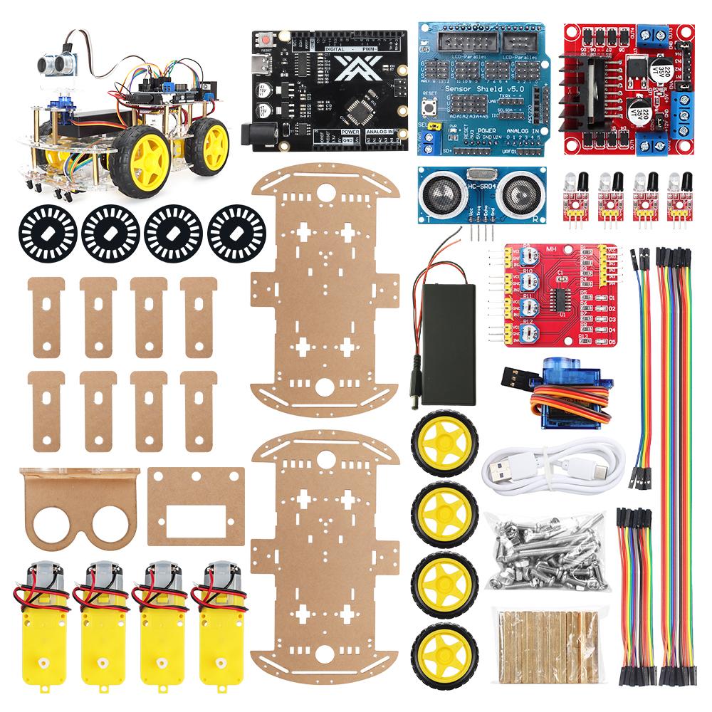 Автомобильные комплекты умных роботов 4WD для Arduino UNO R3 с ультразвуковым датчиком, обновленный сервопривод SG90 V2.0, комплект электронного программирования «сделай сам»