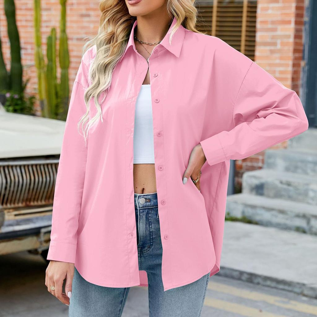 Women's Fashion Solid Color Loose Casual Single-Breasted Long Sleeve Shirt