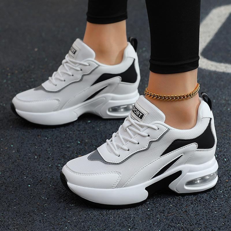 Spring and Autumn New Breathable Mesh Soft-soled Shoes Slope Heel Thick Sole Heightening Air Cushion Casual Sports Shoes Women's Muffin Shoes
