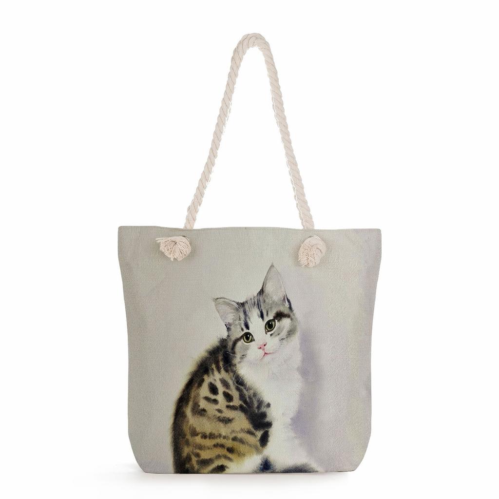 Cat print thick rope single-shoulder beach bag 7266 CLE