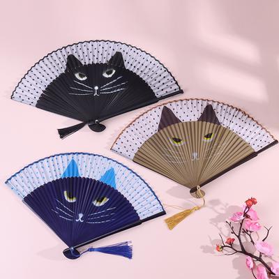 Кошка, китайский мультяшный шелк, модные ручные веера в японском стиле, популярный милый веер с котенком, ручной складной женский веер для девочек