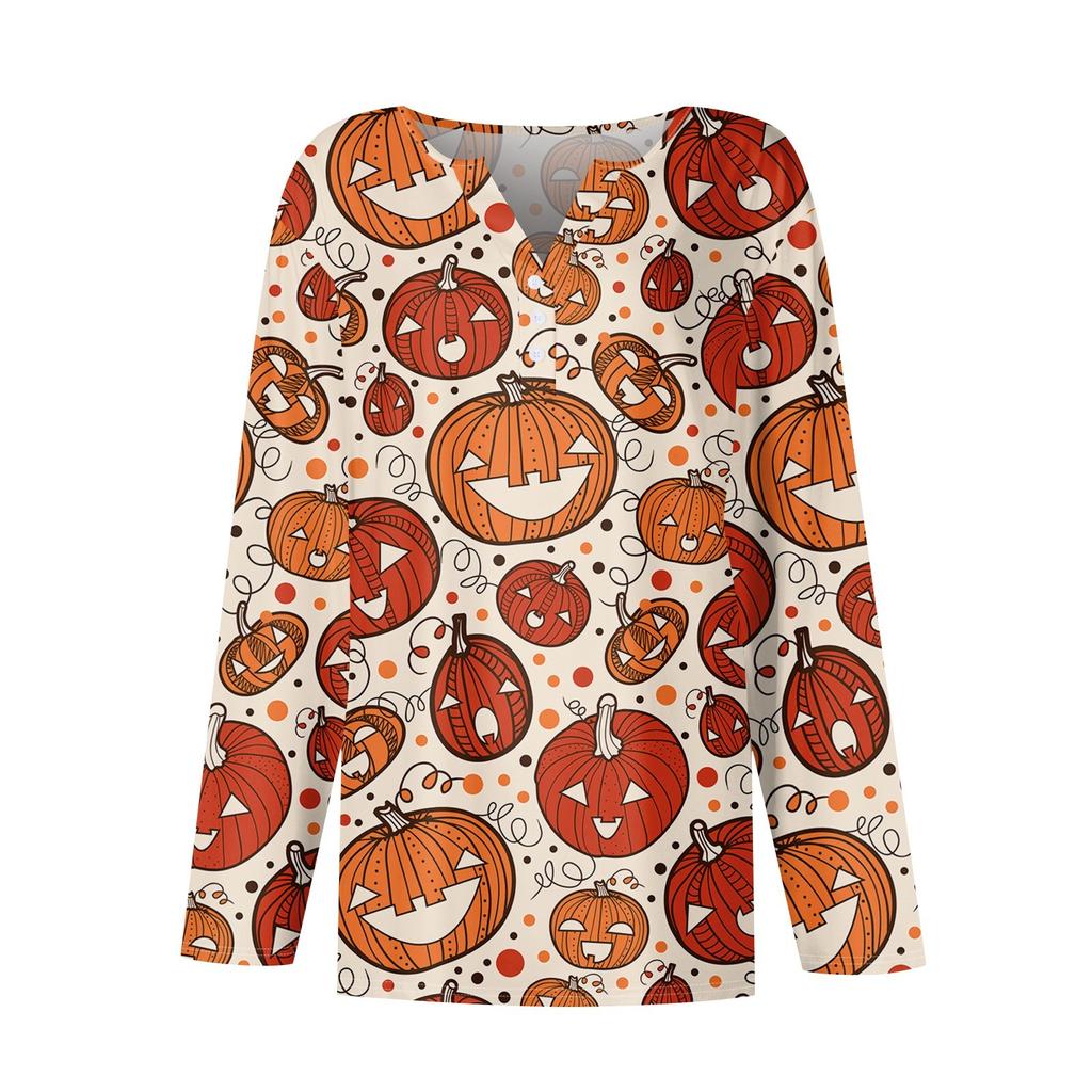 Жен. Футболка Футболка Хэллоуин С принтом Пуговицы Длинный рукав Повседневные Выходные Мода Классический Классический V-образный вырез Обычный Верх