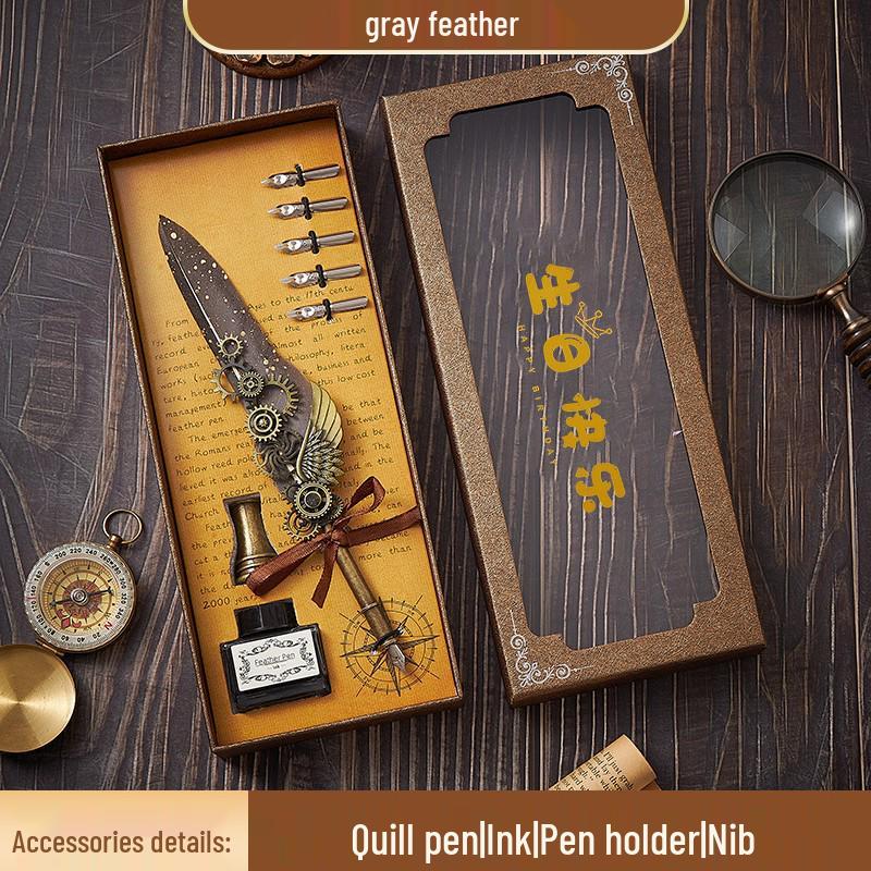 European Steampunk Quill and Ink Set with Wax Seal - Retro Fountain Pen Gift Box for Birthdays