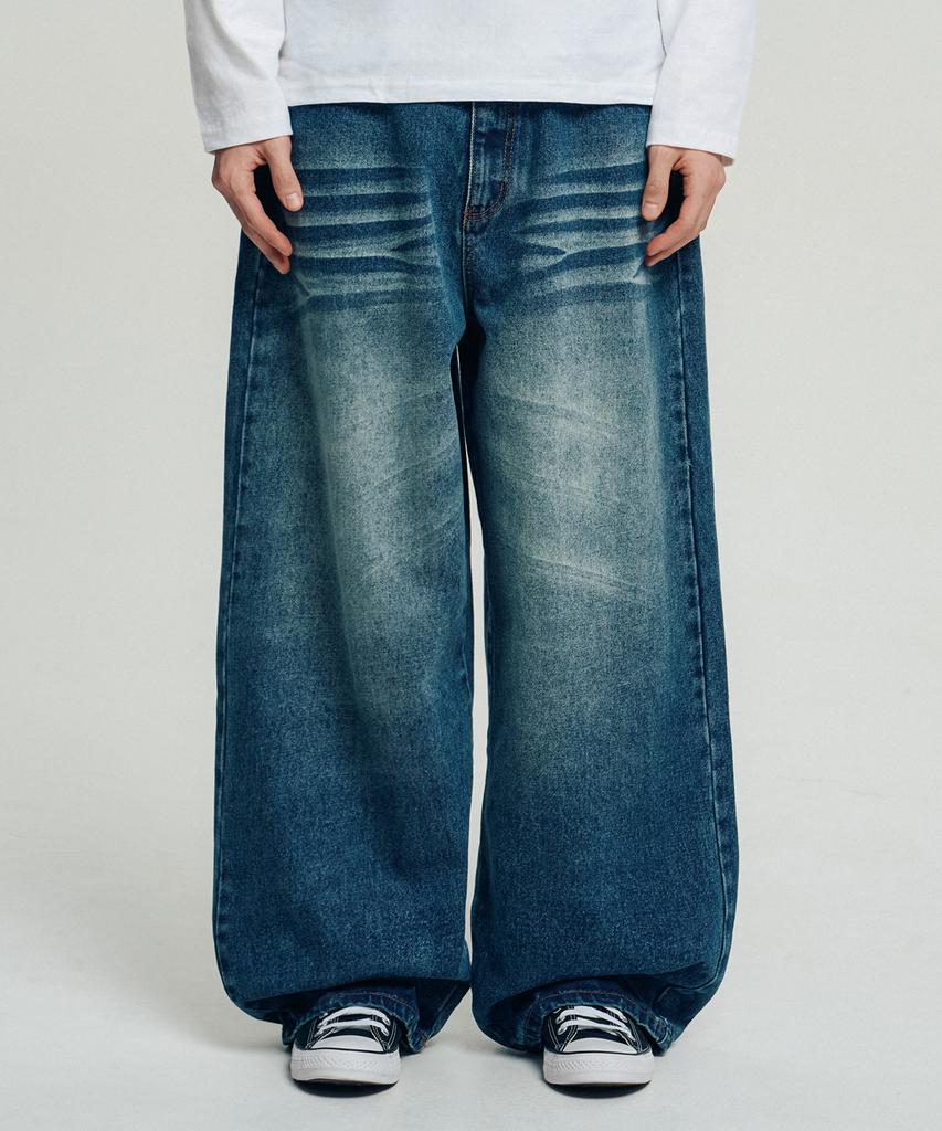 VENHIT Back Hand Printing Wide Denim Pants